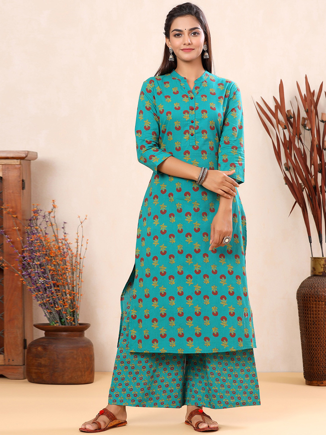 

Sangria Green Floral Printed Mandarin Collar Pure Cotton Straight Kurta with Palazzos, Sea green