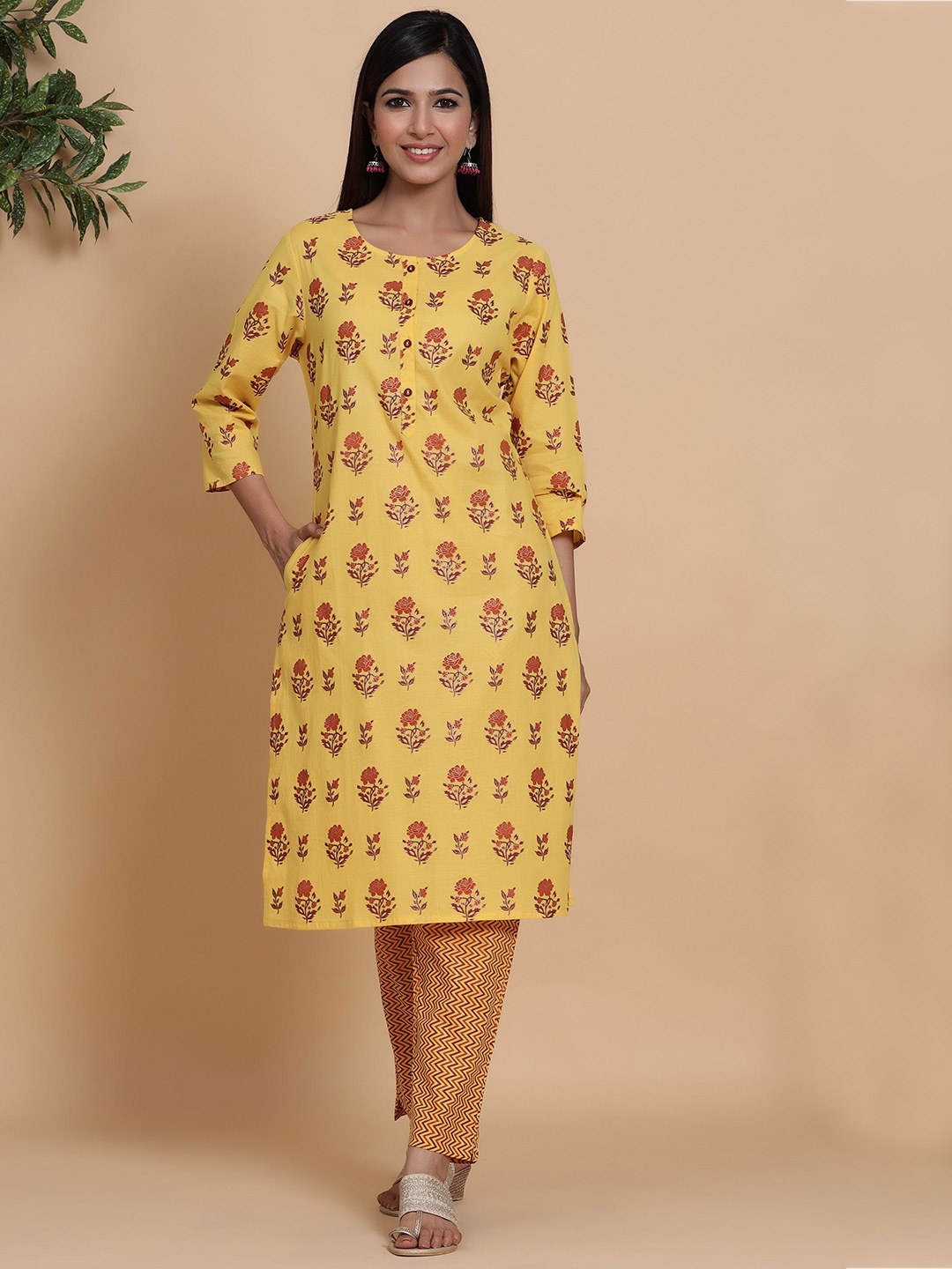 

Sangria Yellow Floral Printed Pure Cotton Kurta With Trouser
