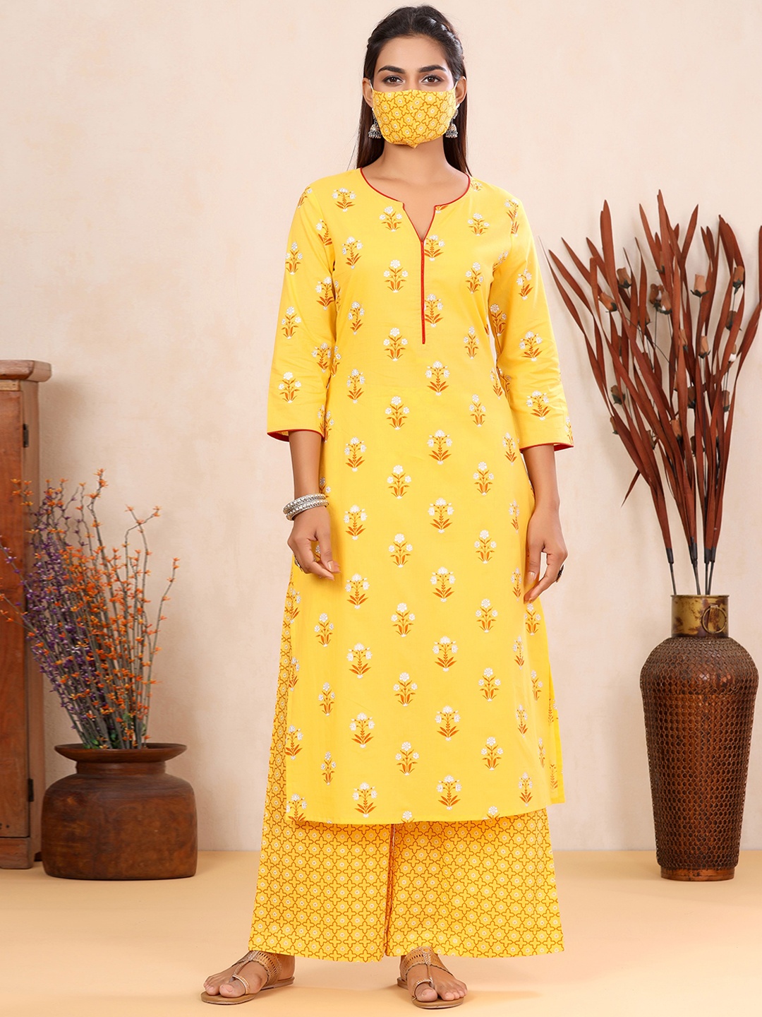 

Sangria Floral Printed Pure Cotton Kurta & Palazzo, Yellow