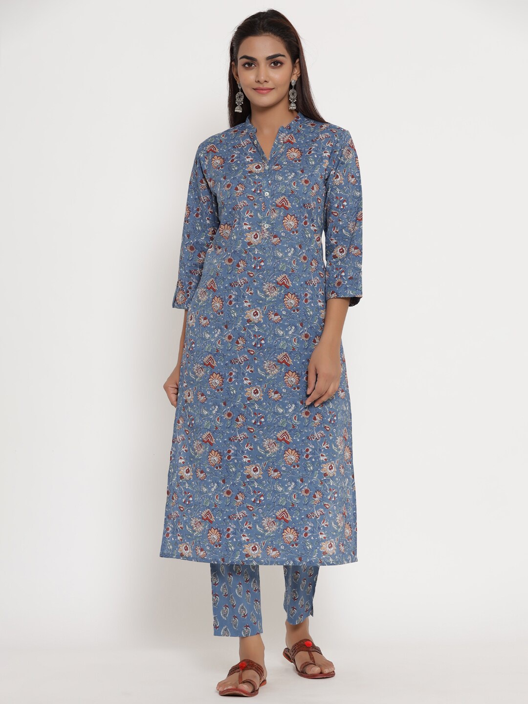 

Sangria Floral Printed Mandarin Collar Pure Cotton Kurta With Trousers, Teal
