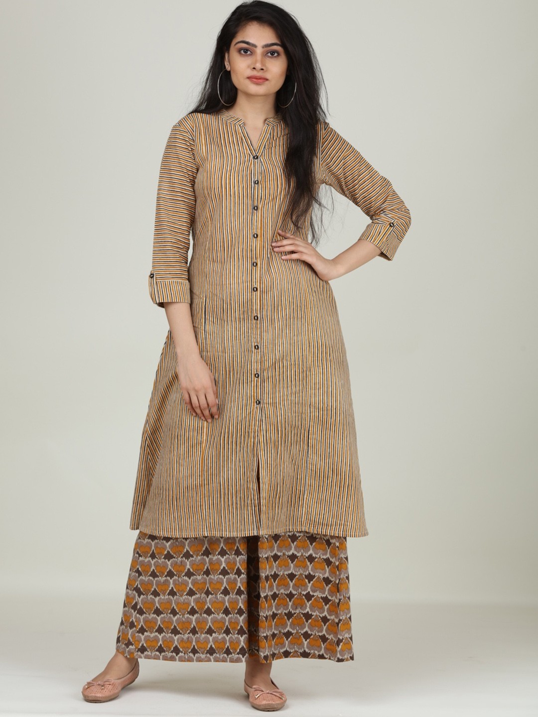 

Sangria Beige Striped Printed Pure Cotton A-Line Kurta with Palazzos