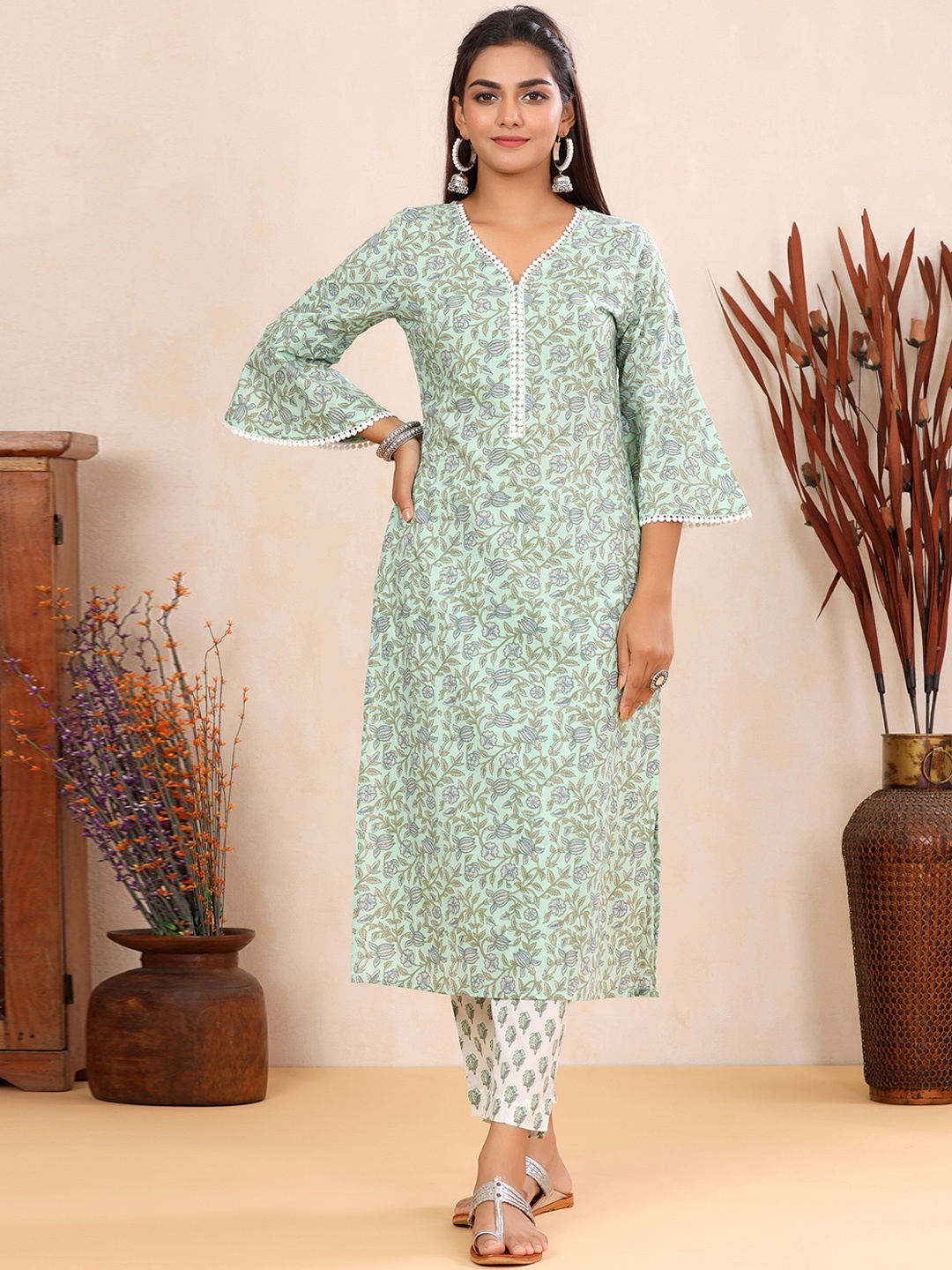 

Sangria Floral Printed V-Neck Pure Cotton Kurta With Trousers, Sea green
