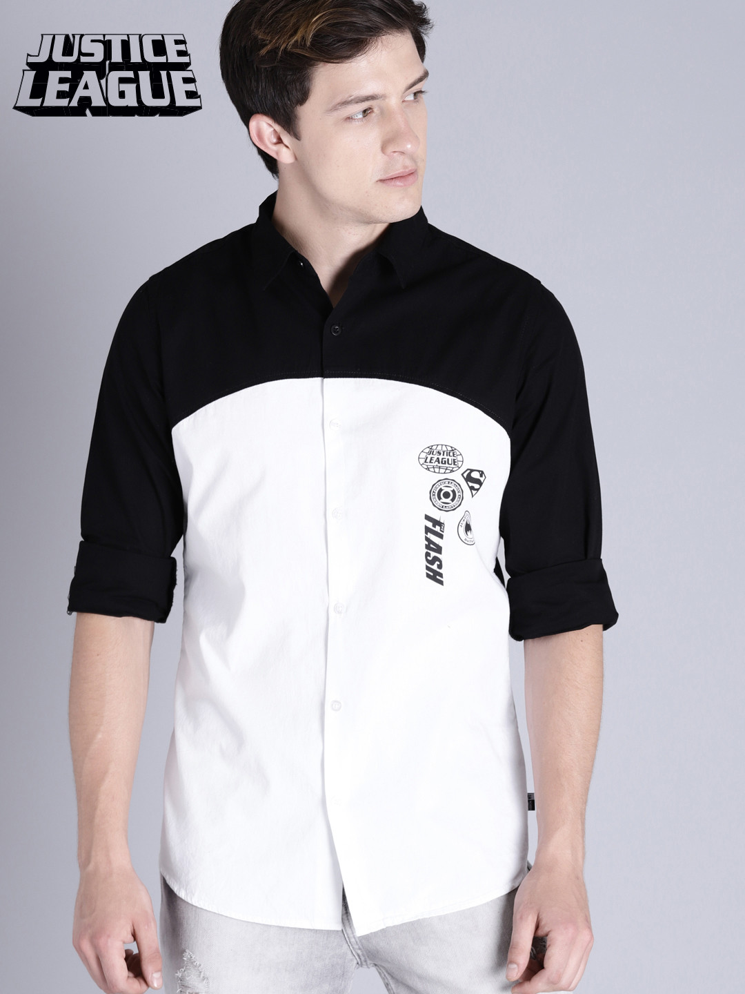 

Justice League Men White & Black Regular Fit Colourblocked Casual Shirt