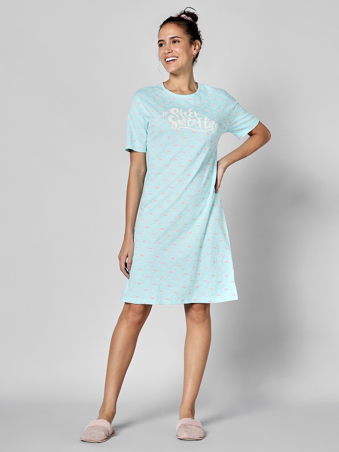 

Dreamz by Pantaloons Conversational Printed Pure Cotton T-Shirt Nightdress, Blue