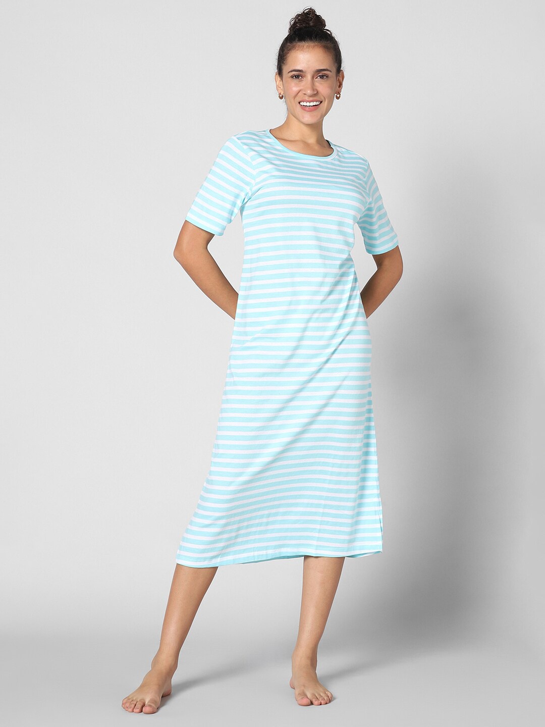 

Dreamz by Pantaloons Striped Midi Pure Cotton T-Shirt Nightdress, Blue