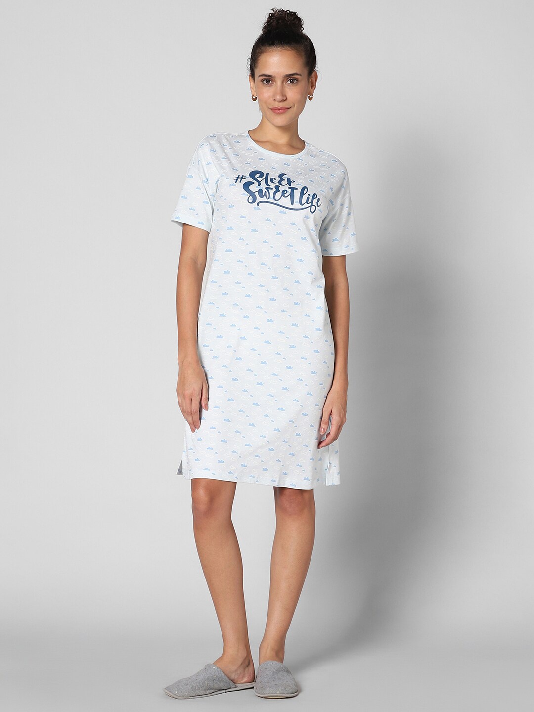 

Dreamz by Pantaloons Typography Printed Pure Cotton T-Shirt Nightdress, Blue