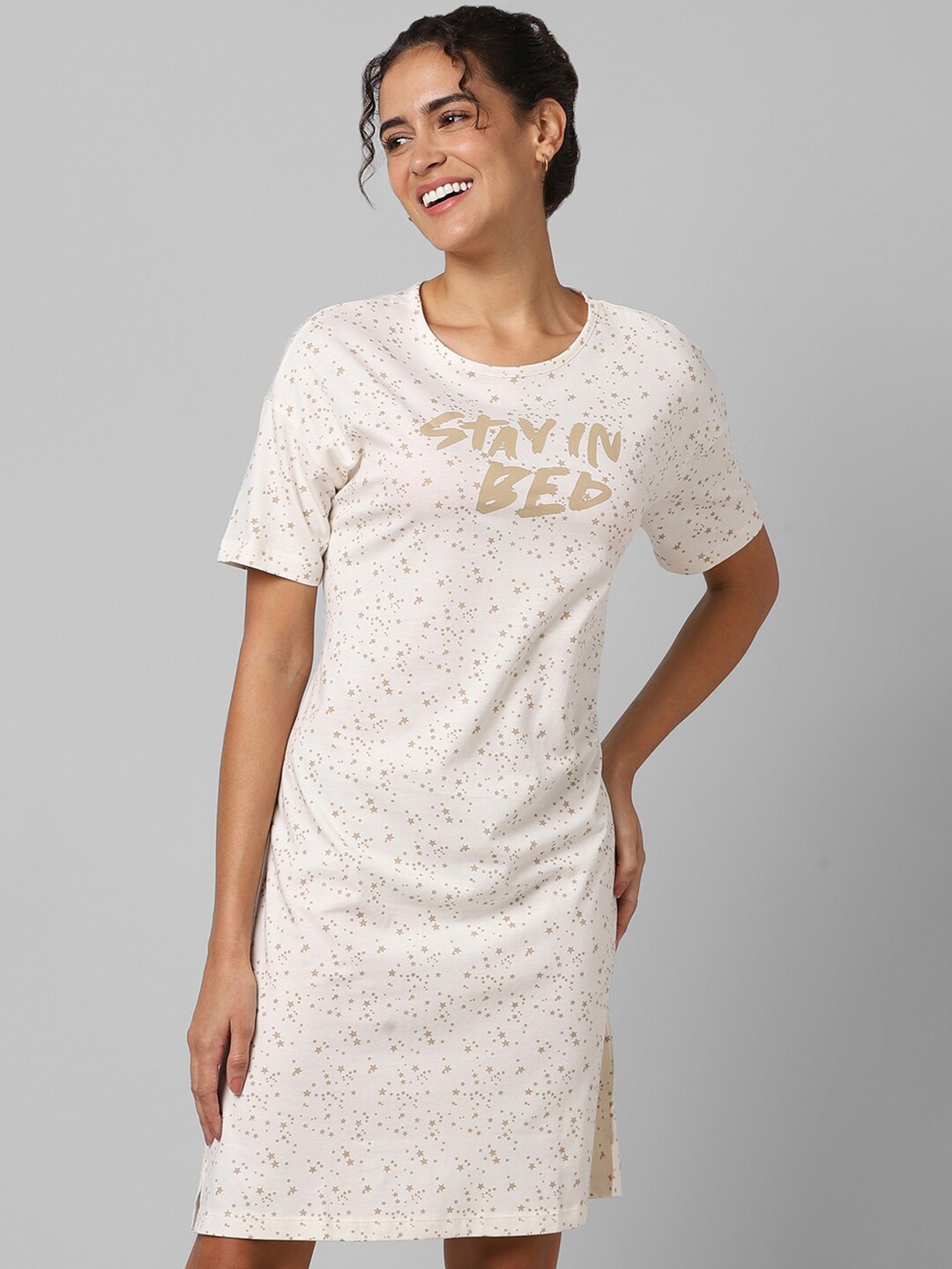 

Dreamz by Pantaloons Typography Printed Pure Cotton Nightdress, Cream