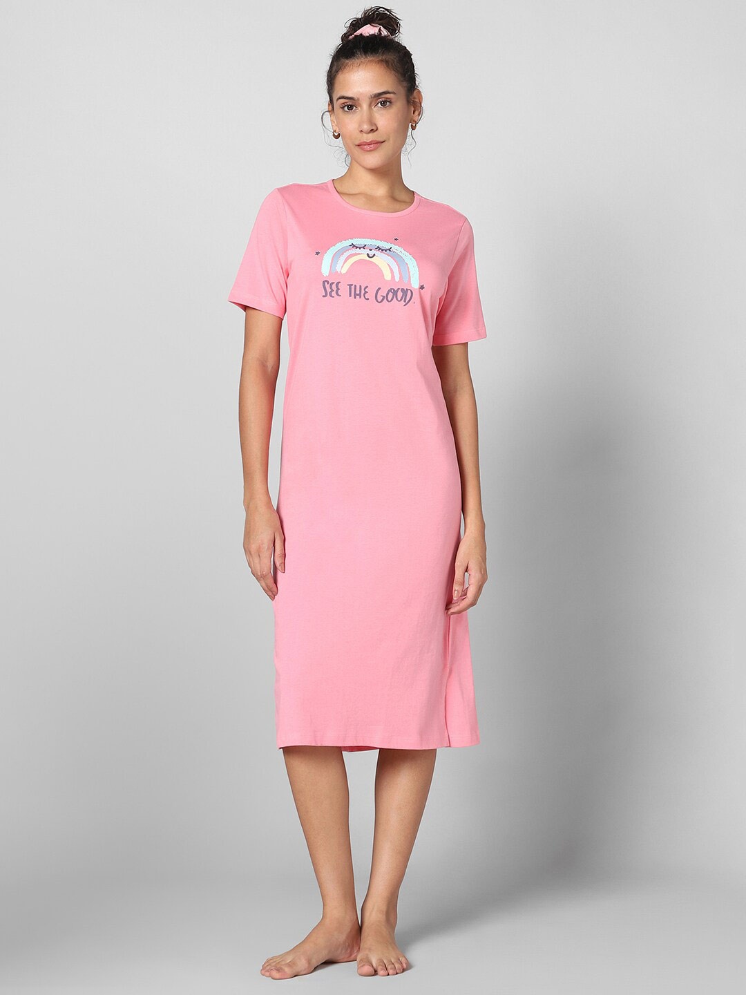 

Dreamz by Pantaloons Typography Printed Pure Cotton Nightdress, Pink