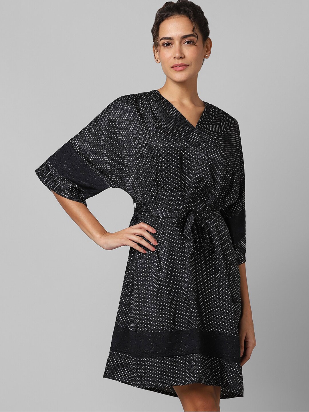 

Dreamz by Pantaloons Polka Dots Printed V-Neck Wrap Nightdress, Black