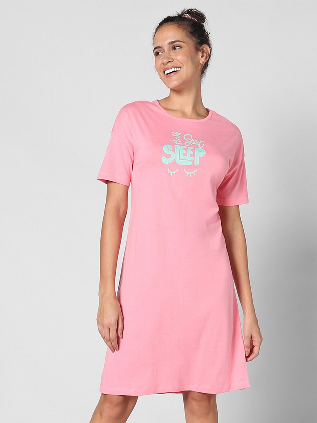 

Dreamz by Pantaloons Typography Printed Pure Cotton T-Shirt Nightdress, Pink