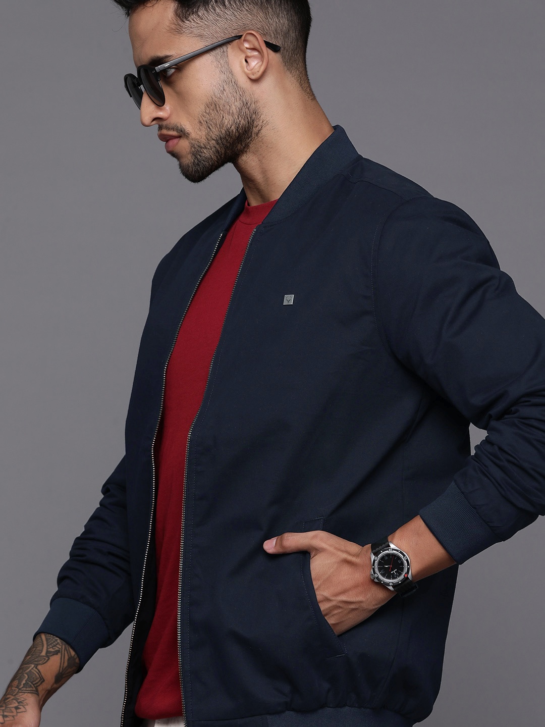 

Allen Solly Mock Collar Regular Fit Bomber Jacket, Navy blue