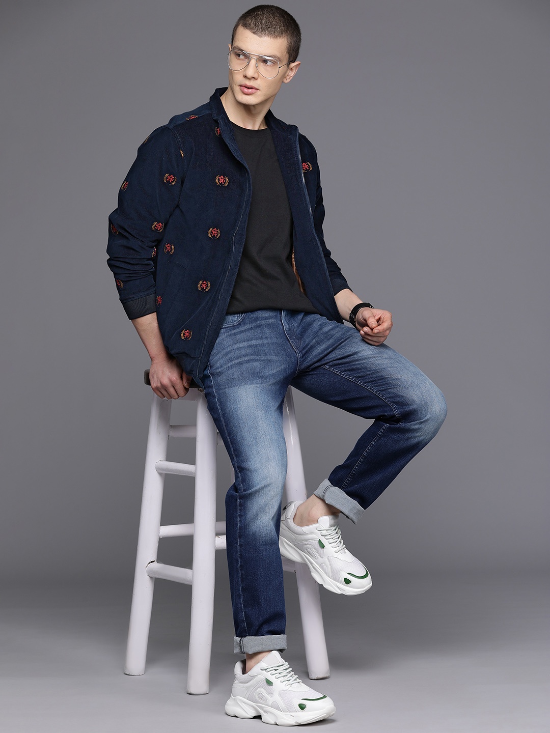

Allen Solly Brand Logo Embroidered Mock Collar Corduroy Bomber Jacket, Navy blue