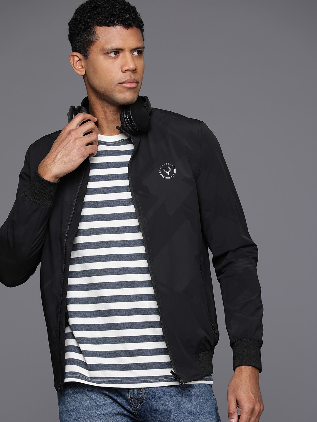 

Allen Solly Geometric Printed Bomber Jacket, Black