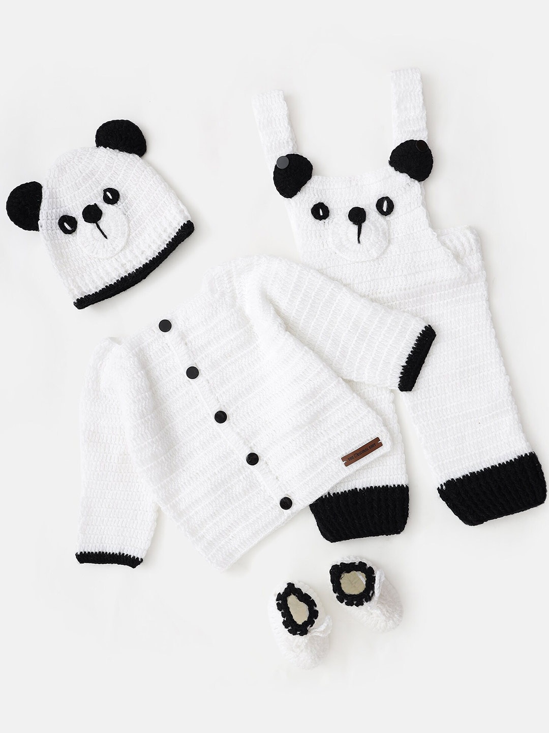 

The Original Knit Infants Crochet Sweater With Dungarees Comes With Cap & Mittens, White