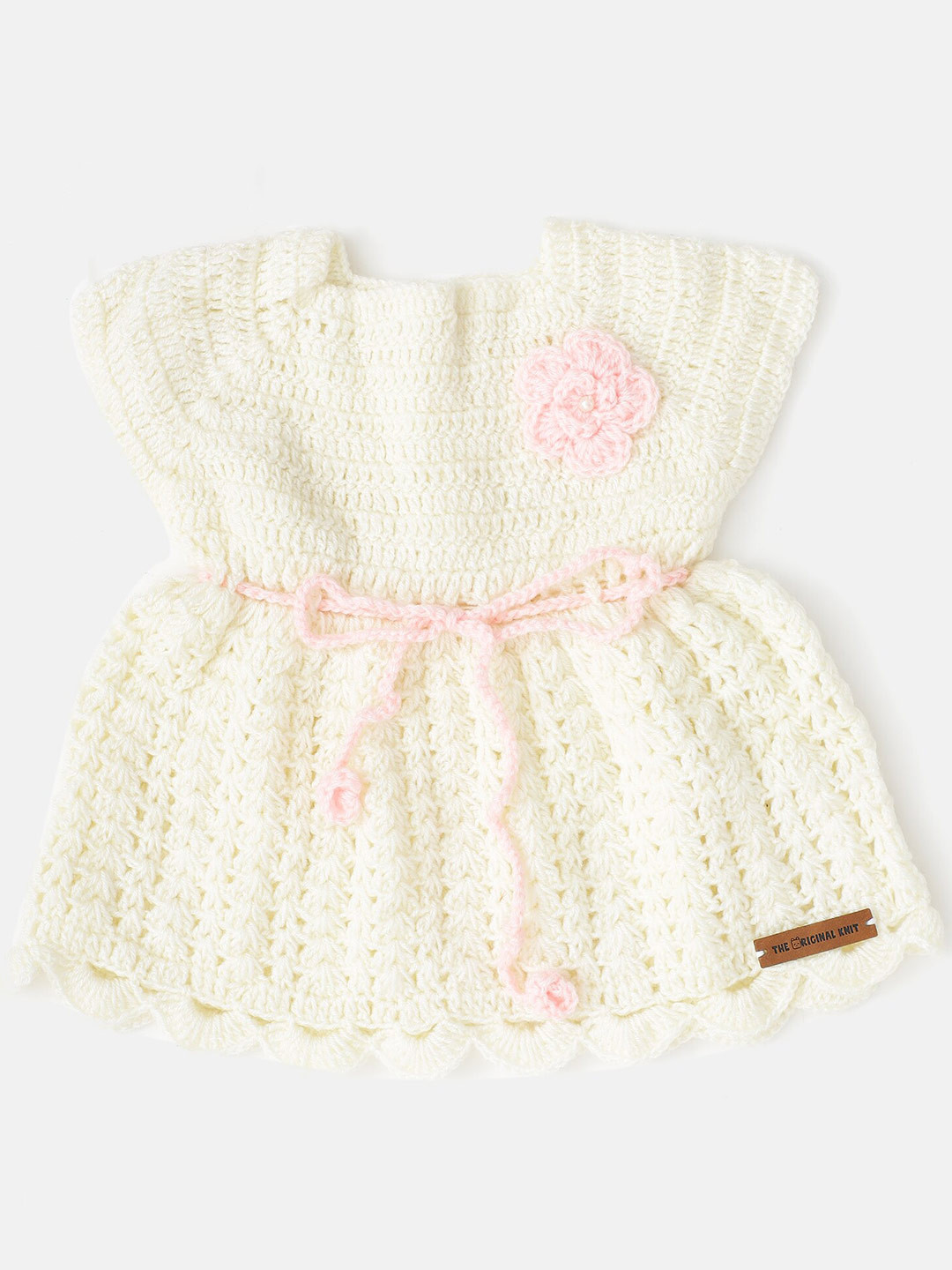 

The Original Knit Infant Girls Self Design Corsage Tie-Up Acrylic Fit & Flare Dress, Cream