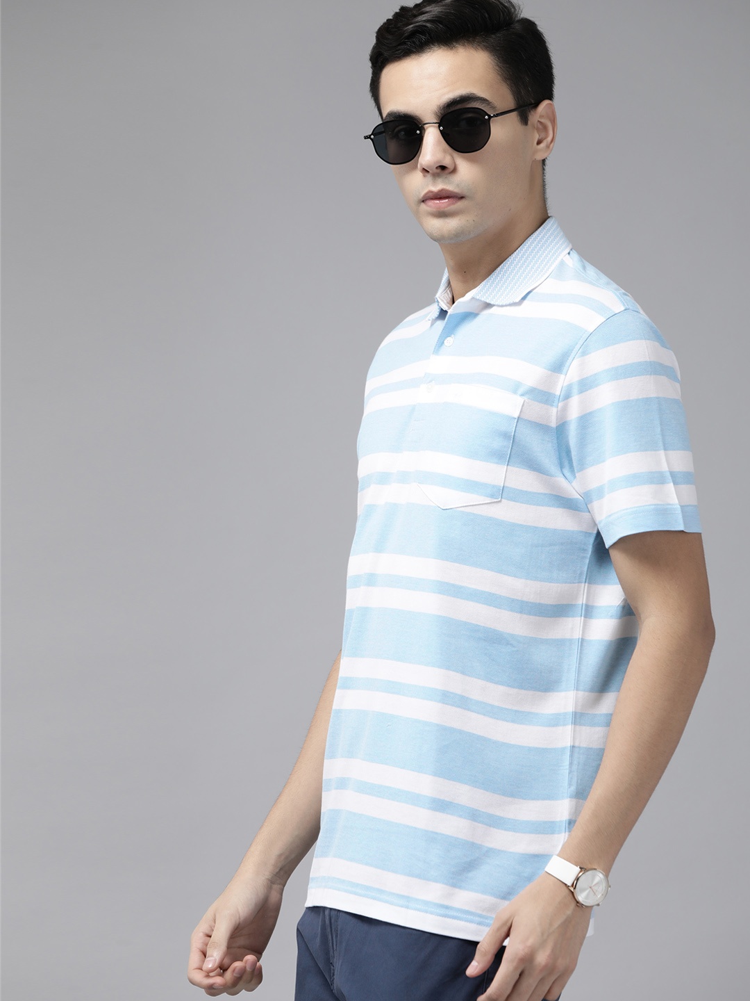 

Park Avenue Striped Polo Collar Pure Cotton Slim Fit T-shirt, Blue