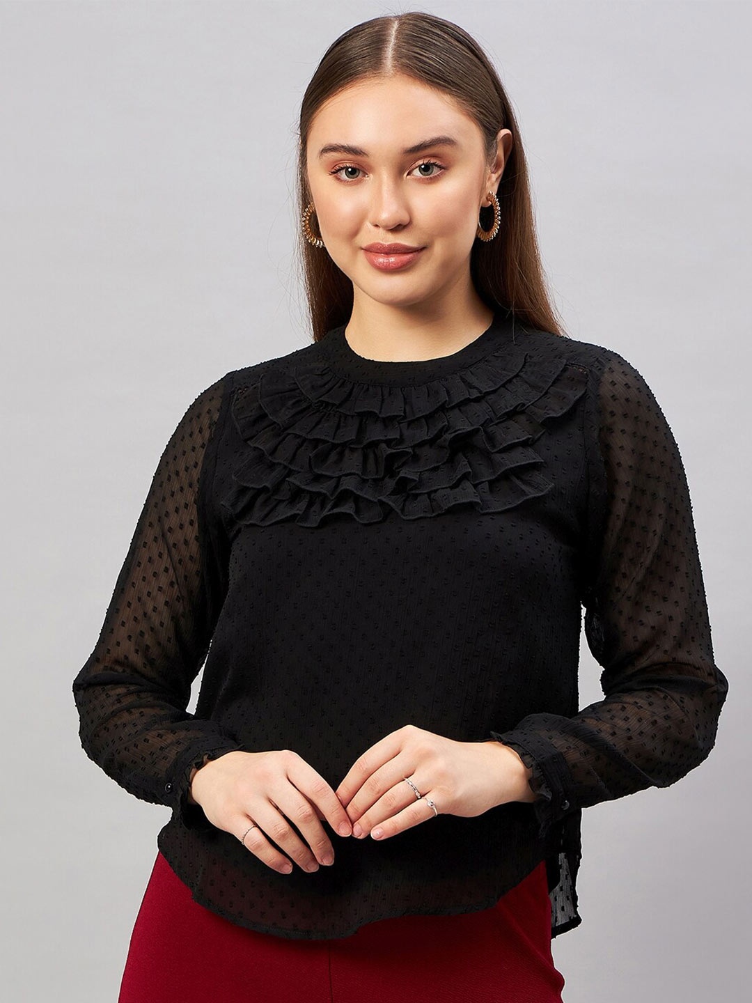 

Antheaa Elit Self Design Ruffled Crepe Top, Black