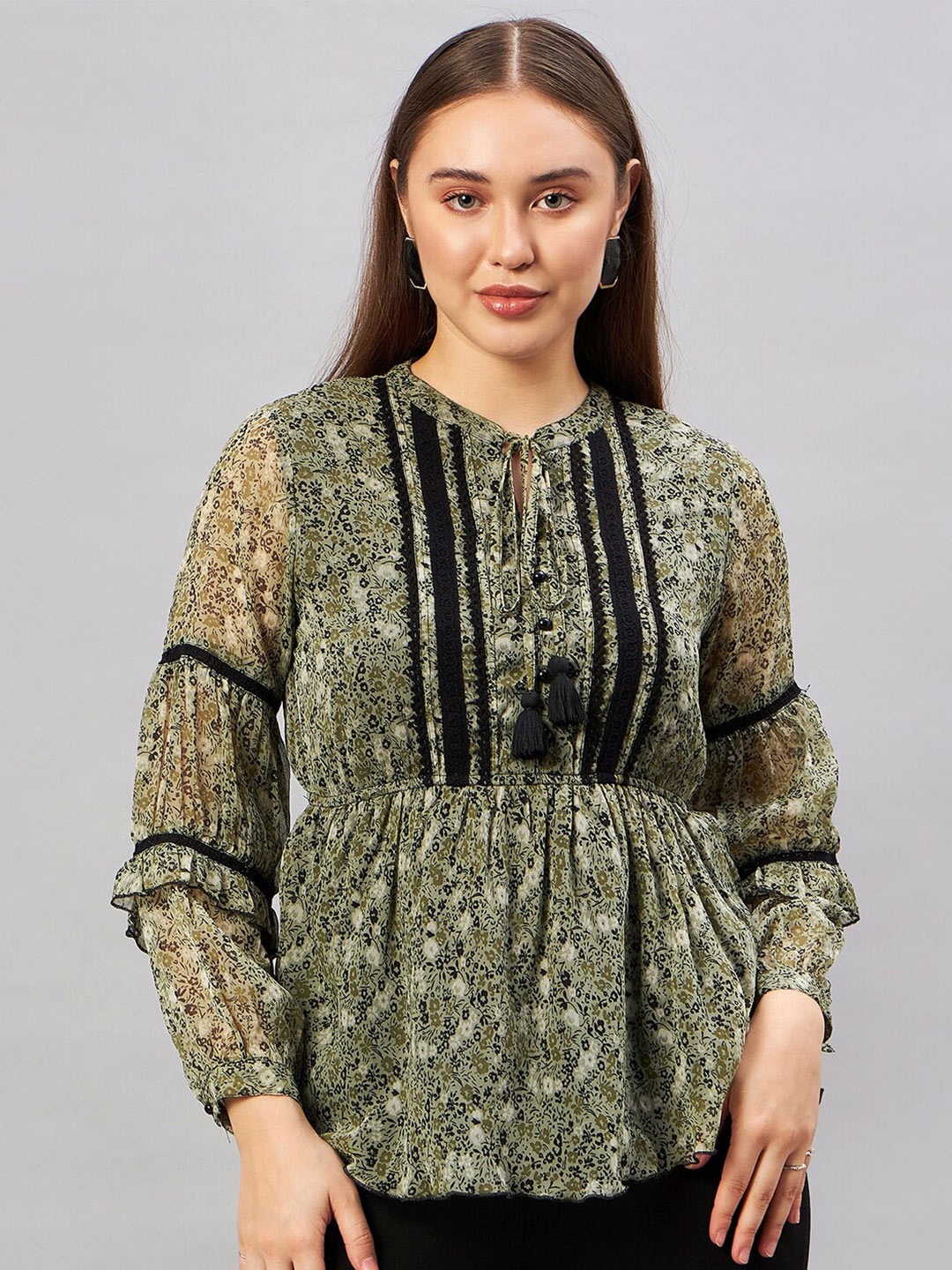 

Antheaa Elit Floral Printed Tie-Up Neck Puffed Sleeves Chiffon Peplum Top, Green