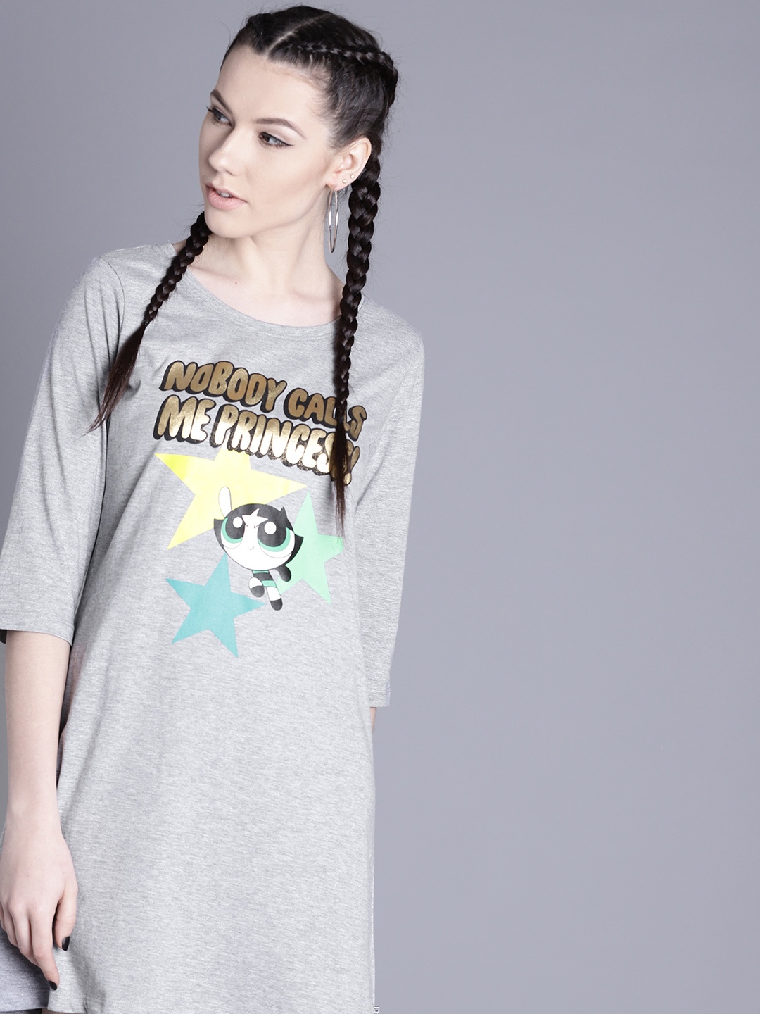 

Powerpuff Girls by Kook N Keech Women Grey Melange Printed T-shirt Dress
