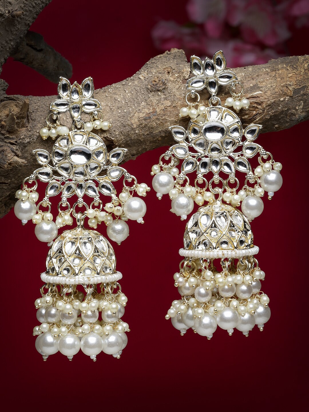 

NVR Kundan & Stone Studded Dome Shaped Jhumkas, Silver