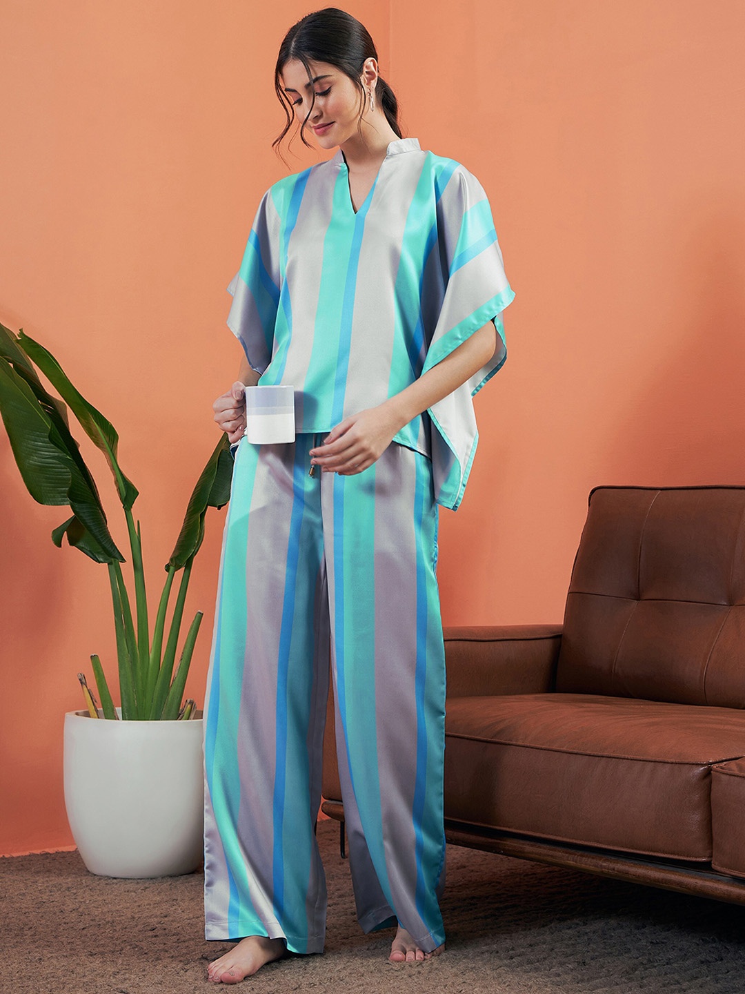 

SASSAFRAS alt-laze Striped Satin Kaftan Top With Lounge Pants, Blue