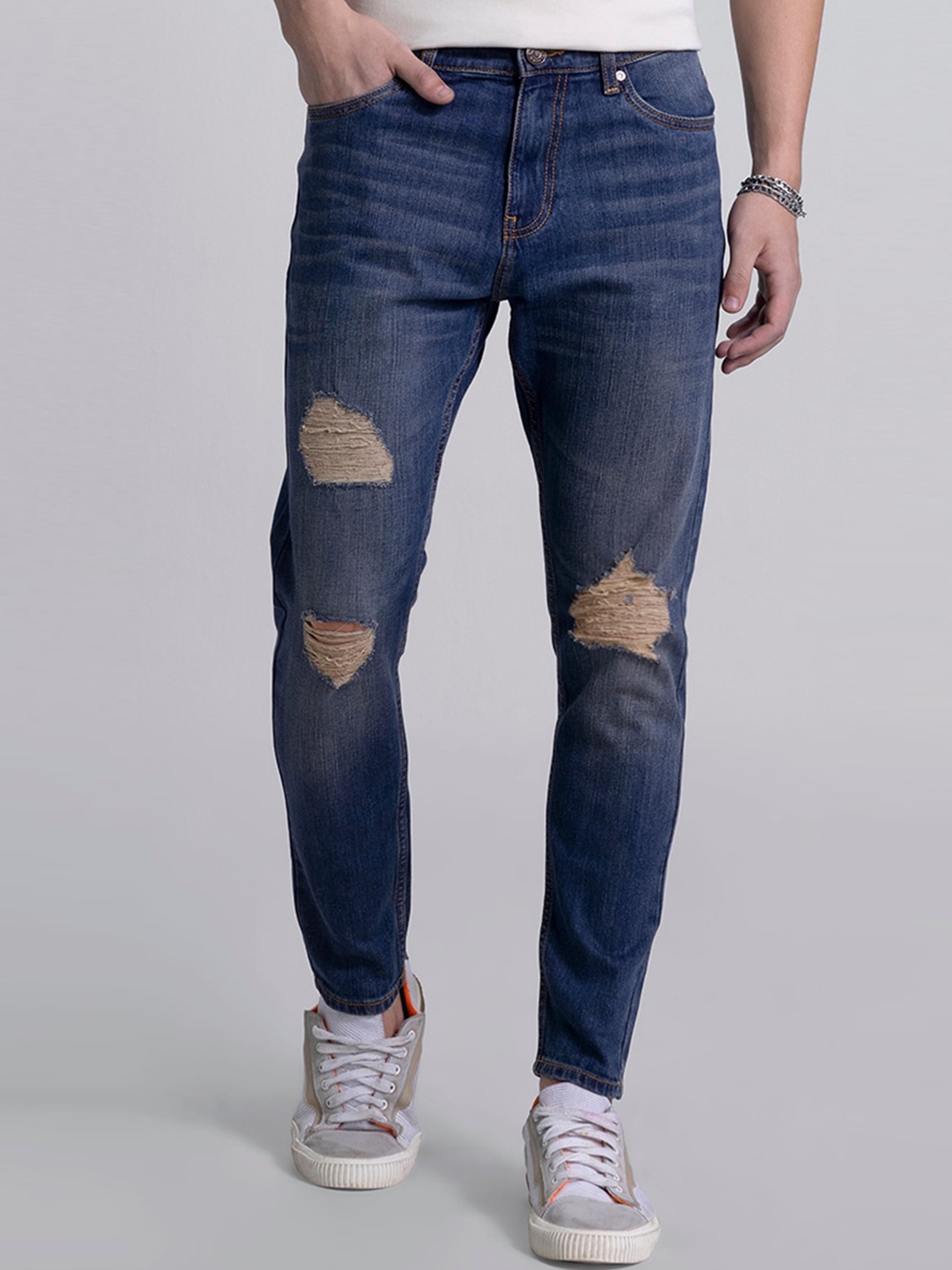 

Snitch Men Blue Skinny Fit Low-Rise Highly Distressed Light Fade Stretchable Jeans