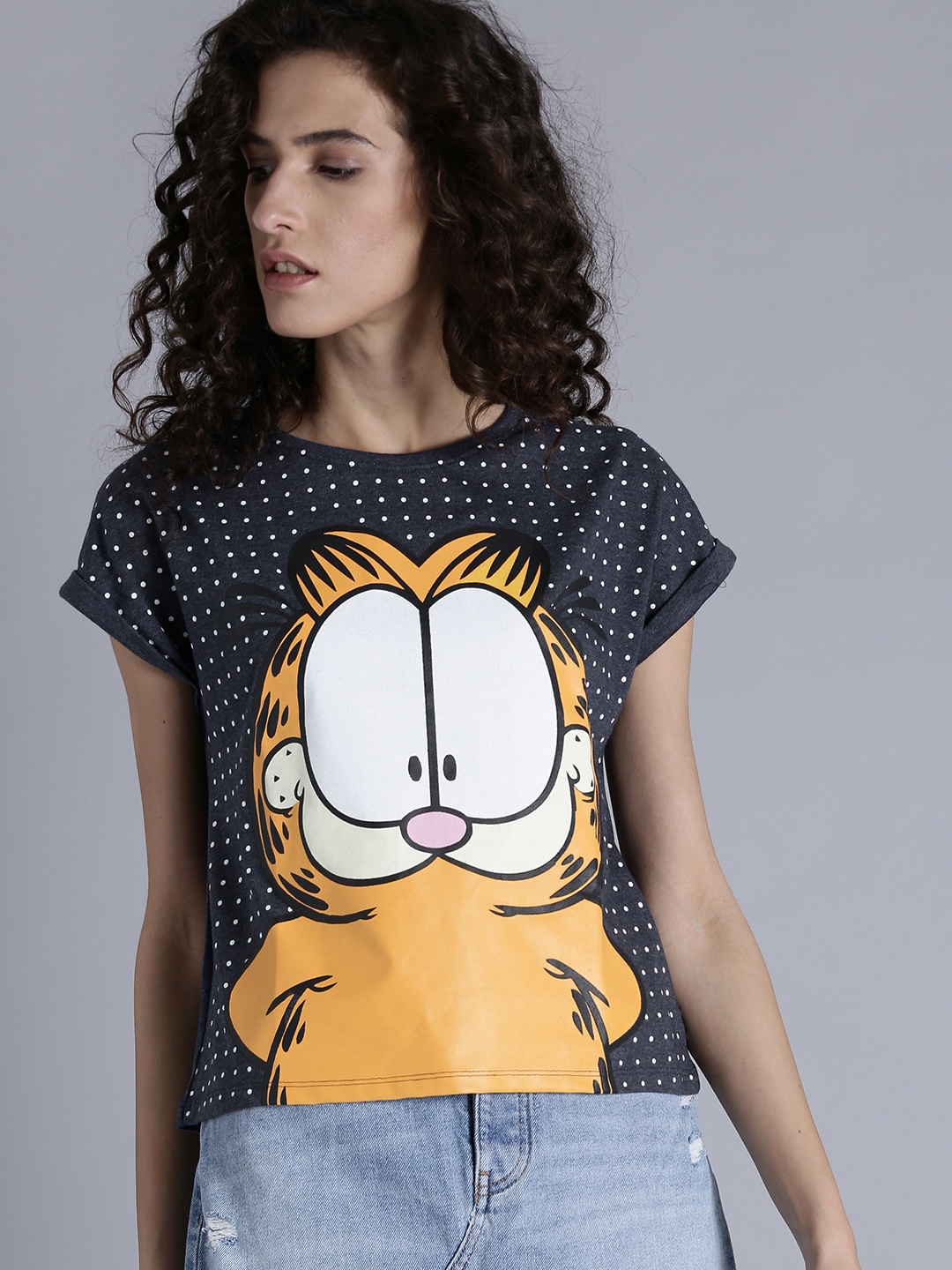 

Kook N Keech Garfield Women Navy Blue Printed Round Neck Pure Cotton T-shirt