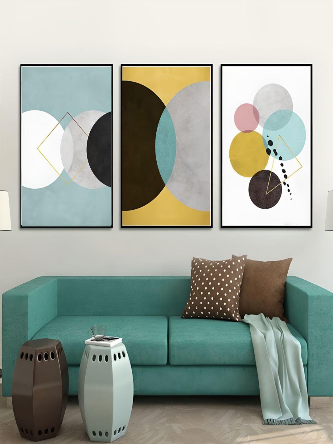 

THE HANDMADE FLAIR 3Pcs White & Blue Abstract Geometric Painting Wall Art