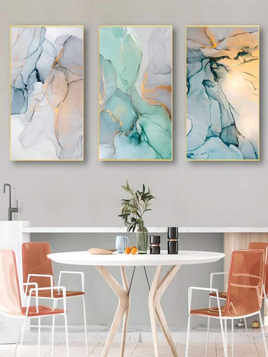 

THE HANDMADE FLAIR Crystal Porcelain 3Pcs Blue & Orange Abstract Painting Wall Art
