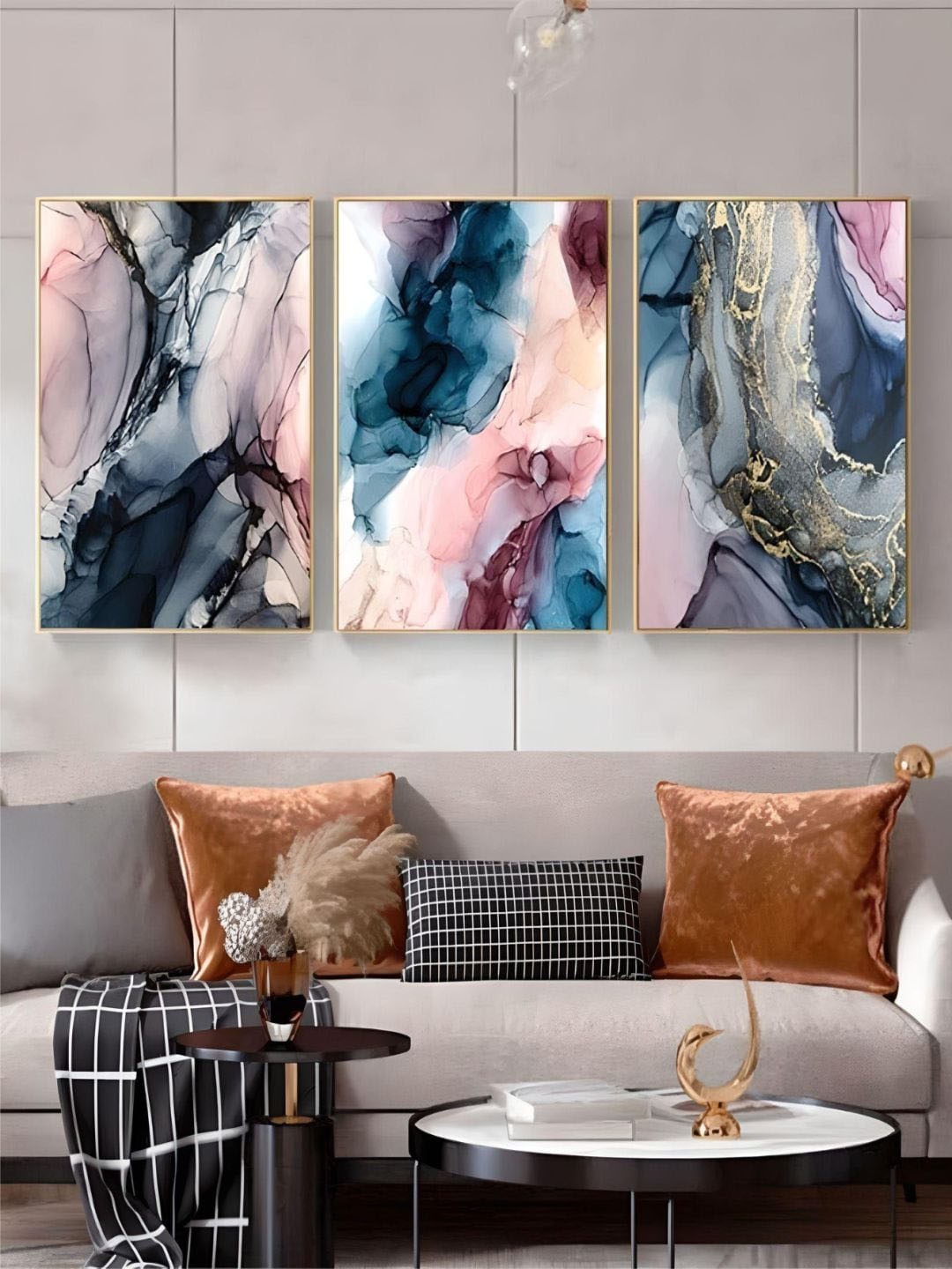 

THE HANDMADE FLAIR Crystal Porcelain Blue & Pink 3 Pieces Abstract Painting Wall Art