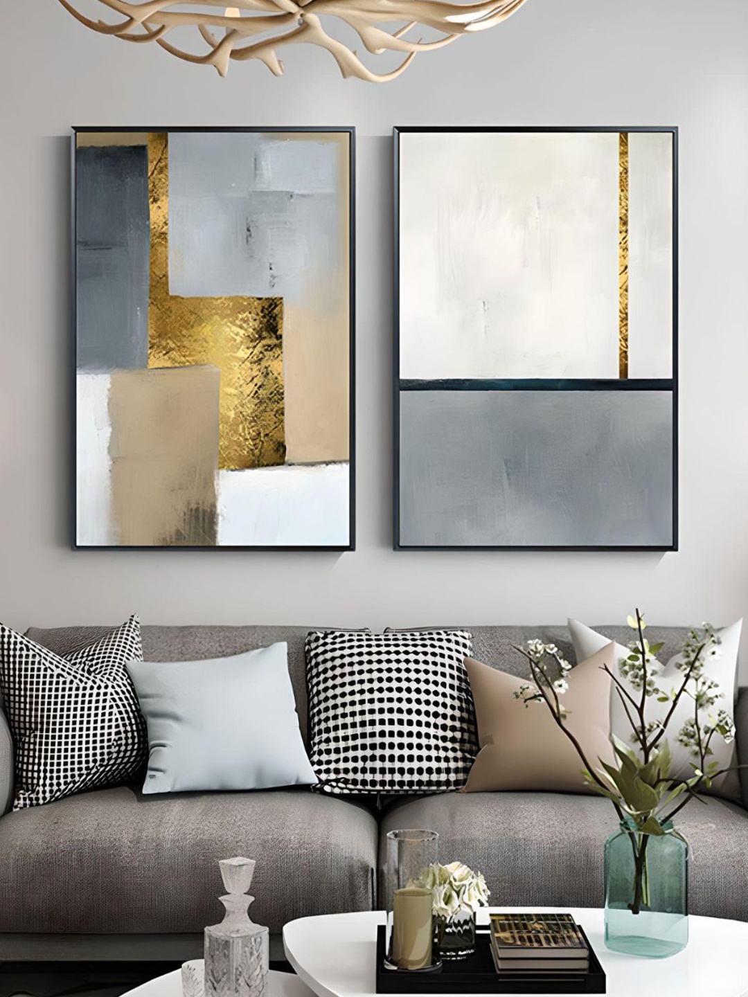 

THE HANDMADE FLAIR Crystal Porcelain Grey & Gold Toned Abstract Painting Wall Art