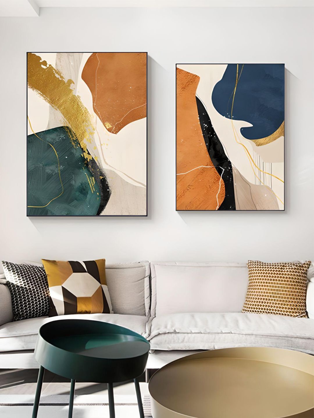 THE HANDMADE FLAIR Crystal Porcelain 2Pcs Brown & Green Abstract Painting Wall Art