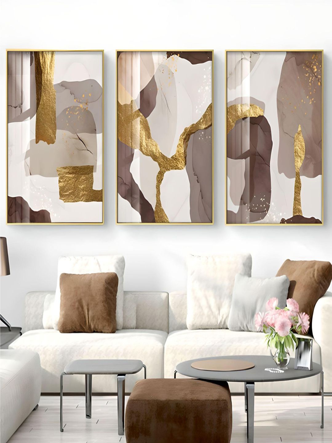 

THE HANDMADE FLAIR Crystal Porcelain Grey & White 3 Pieces Abstract Painting Wall Art