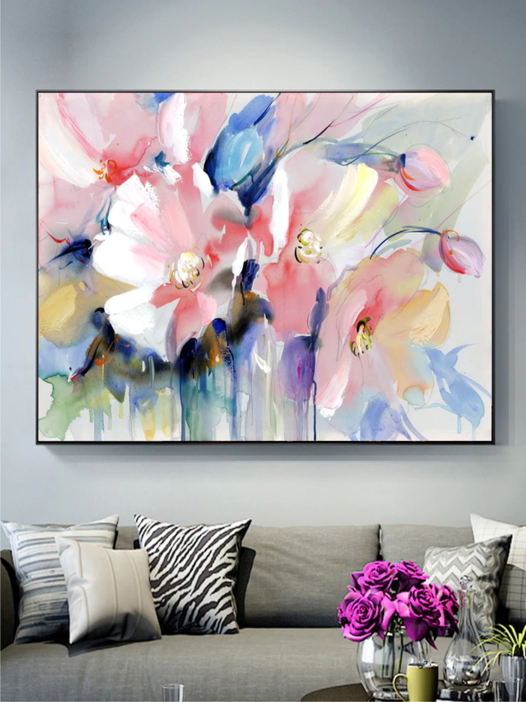 

THE HANDMADE FLAIR Crystal Porcelain Pink & Blue Floral Abstract Painting Wall Art