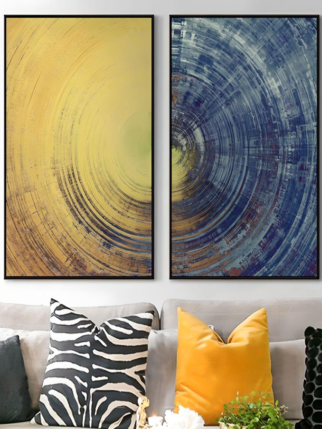 

THE HANDMADE FLAIR 2 Pcs Yellow & Blue Abstract Painting Wall Art