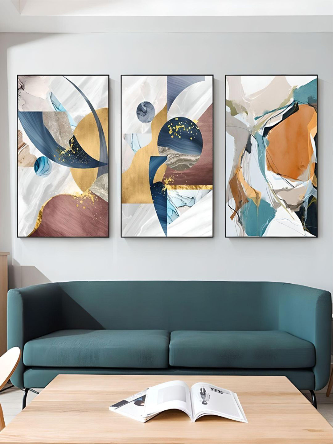 

THE HANDMADE FLAIR Crystal Porcelain White & Blue 3 Pieces Abstract Painting Wall Art