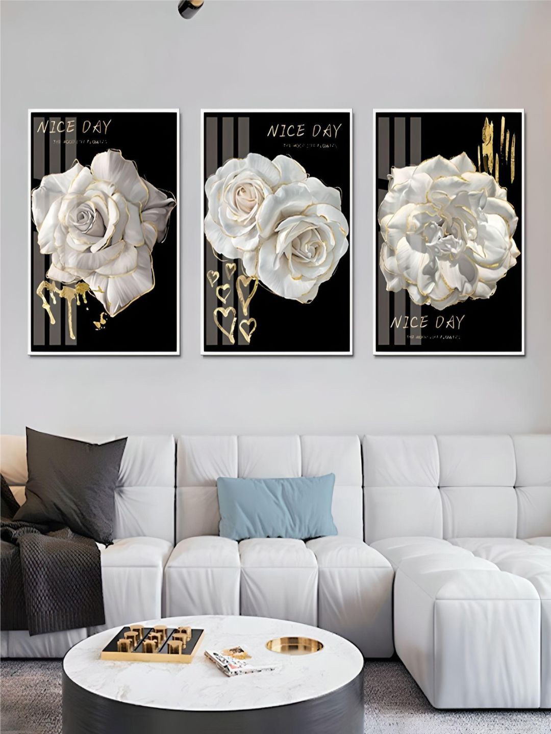 

THE HANDMADE FLAIR Crystal Porcelain White & Black 3 Pieces Floral Painting Wall Art