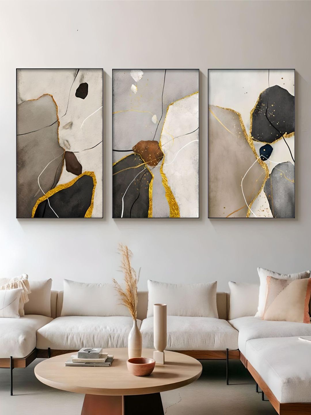 

THE HANDMADE FLAIR Crystal Porcelain Grey & Off White 3 Pcs Abstract Geomorphic Wall Art