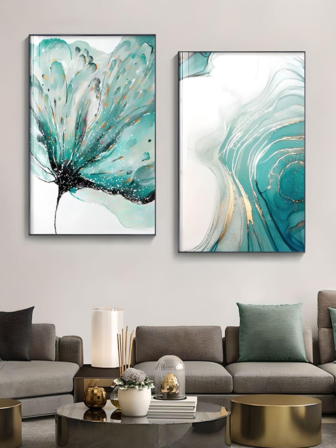 

THE HANDMADE FLAIR Blue 2 Pcs Crystal Porcelain Abstract Floral Jade Marble Wall Art