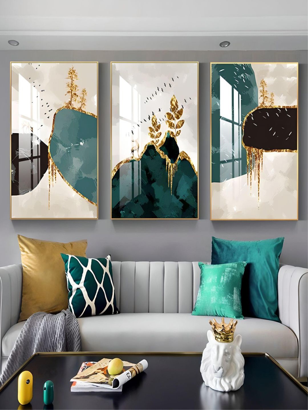 

THE HANDMADE FLAIR 3-Pcs Teal Blue & Black Abstract Landscape Painting Wall Art