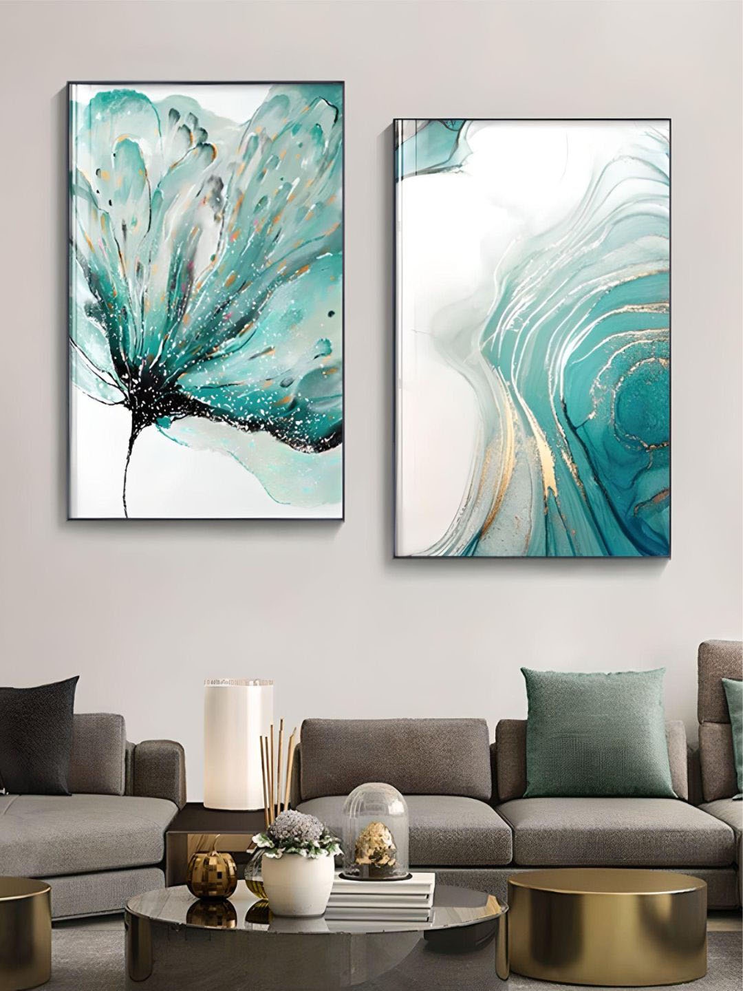 

THE HANDMADE FLAIR Crystal Porcelain Blue & White 2 Pcs Abstract Jade Marble Wall Art, Turquoise blue