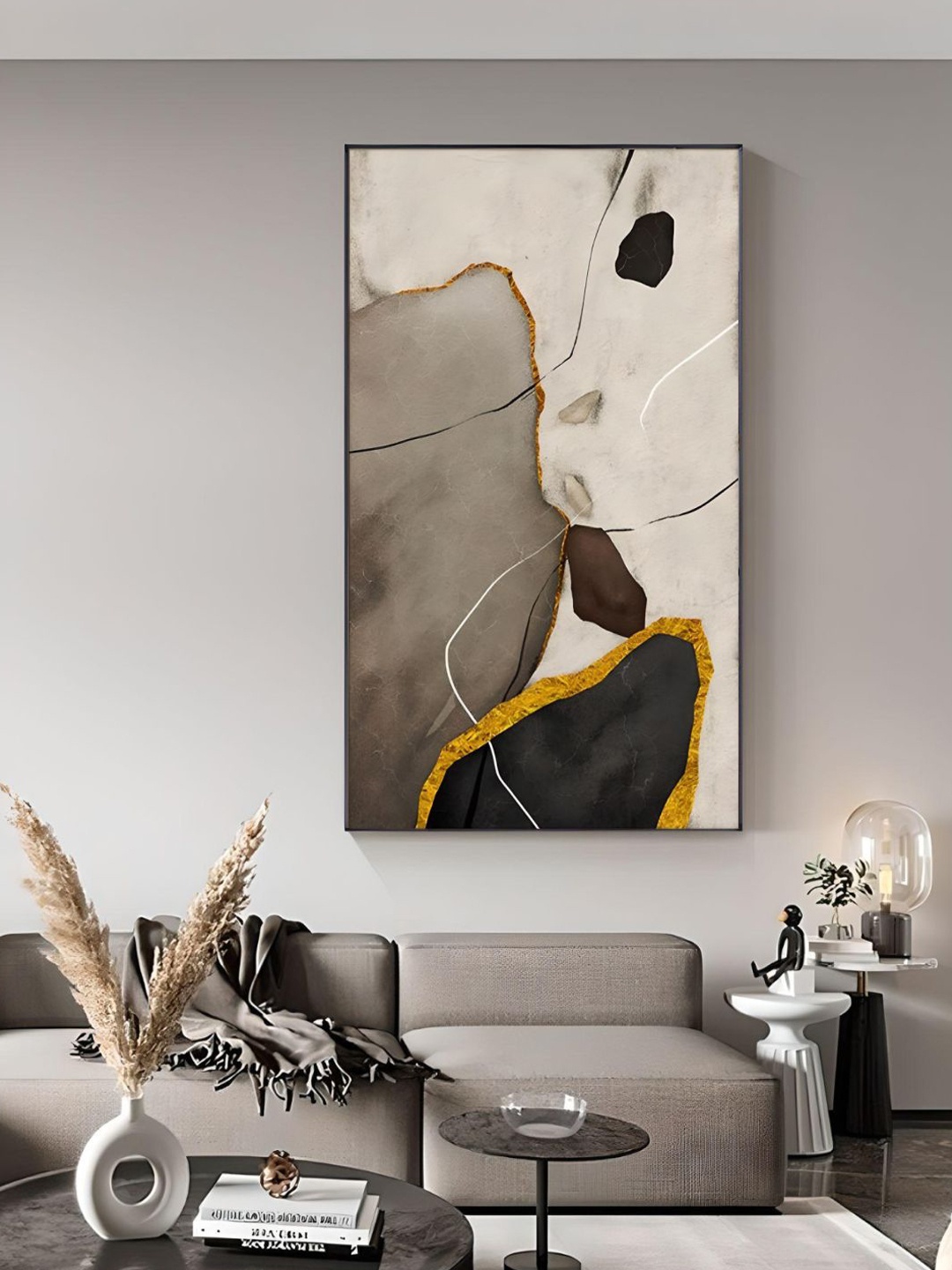 

THE HANDMADE FLAIR Beige & Black Crystal Porcelain Abstract Painting Wall Art