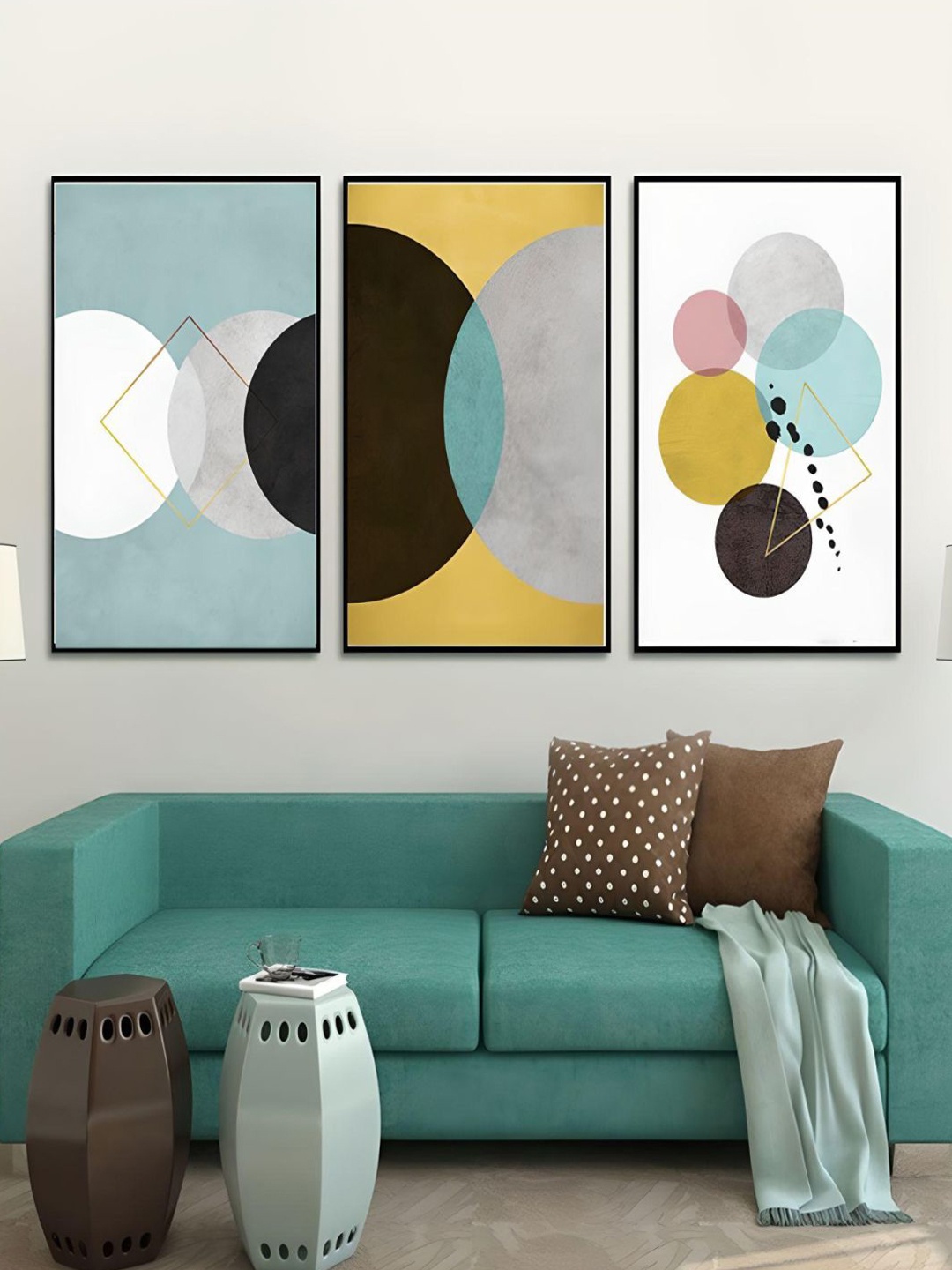 THE HANDMADE FLAIR Crystal Porcelain Green & Grey 3 Pcs Abstract Geometric Wall Art