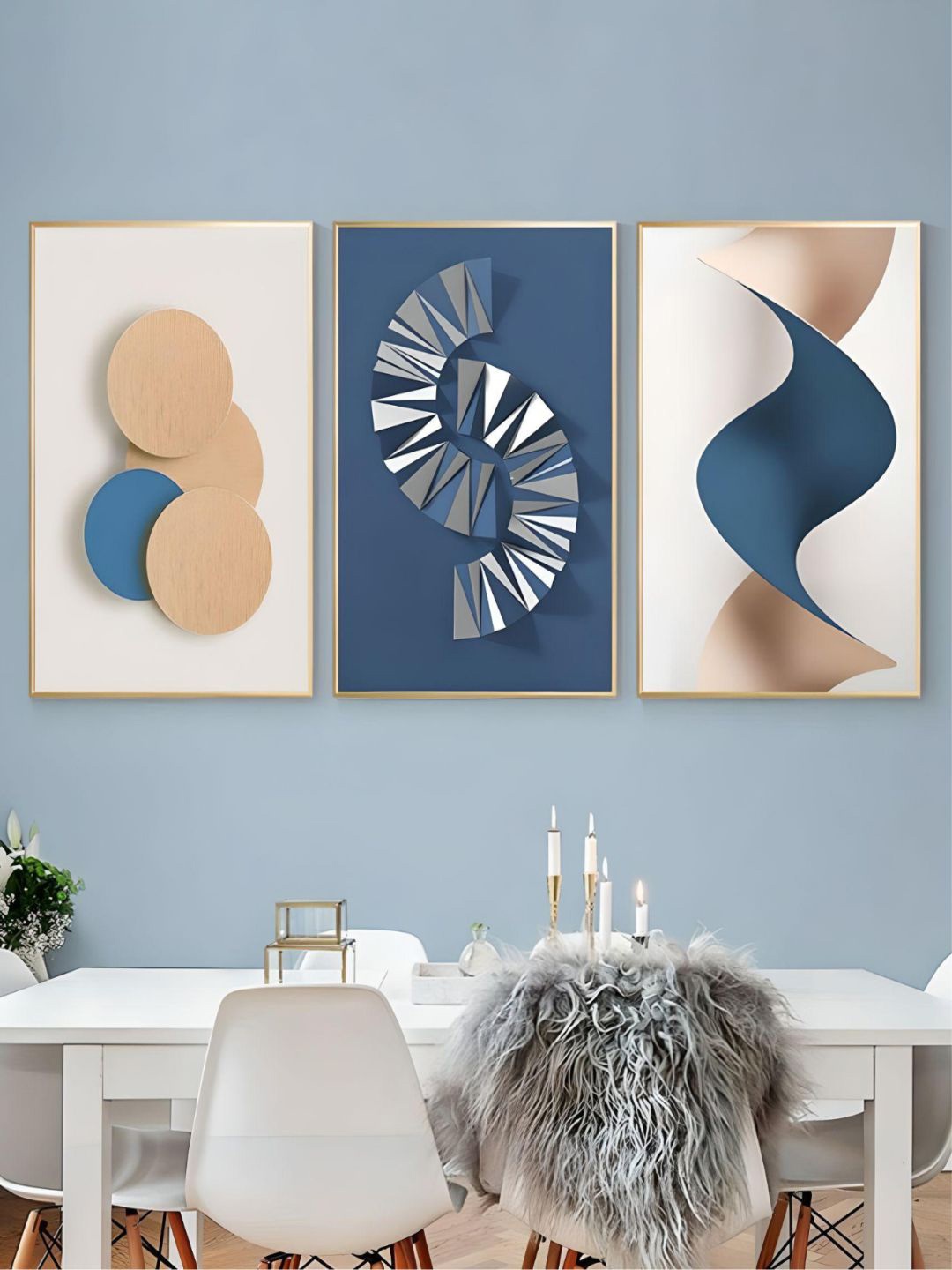 THE HANDMADE FLAIR 3-Pcs Blue & Beige Geometric Abstract Painting Wall Art