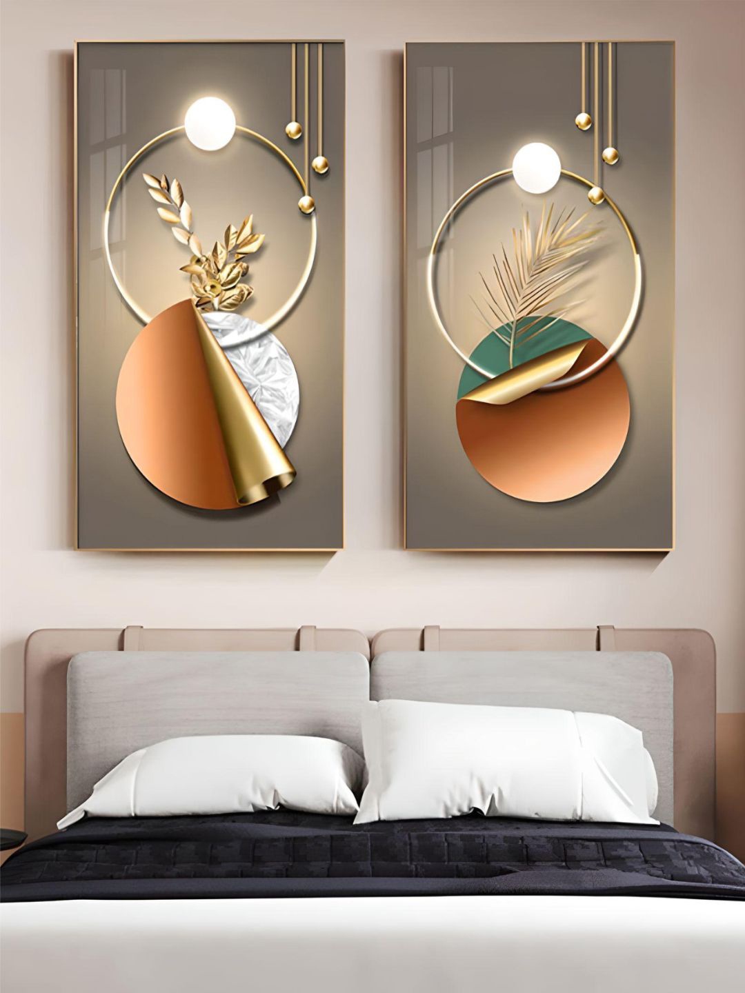 

THE HANDMADE FLAIR Beige & Orange 2 Pcs Crystal Porcelain Abstract Botanical Wall Art