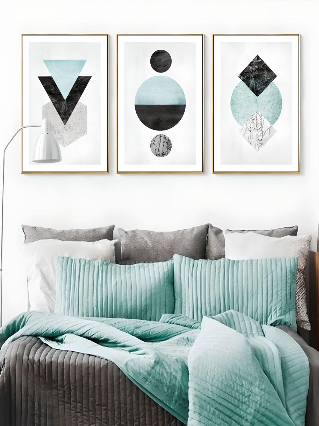 

THE HANDMADE FLAIR Blue 3-Pieces Geometric Printed Framed Wall Art, White
