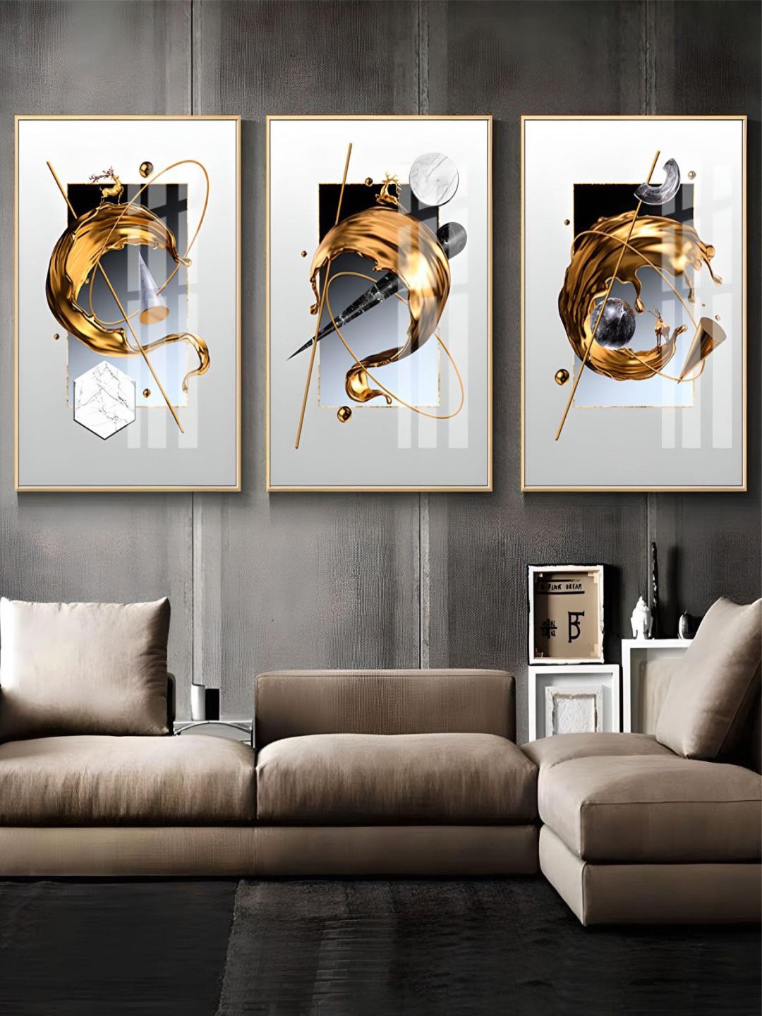

THE HANDMADE FLAIR White 3-Pieces Auspicious Deer Printed Framed Wall Art, Gold