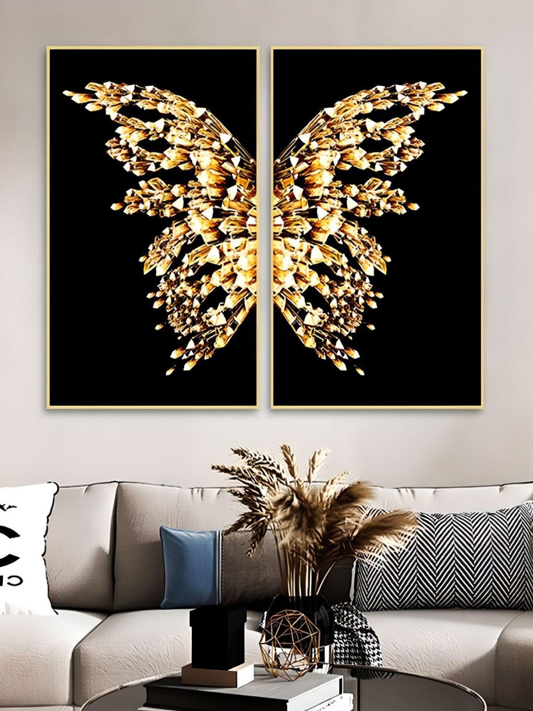 

THE HANDMADE FLAIR Yellow & Black 2 Pieces Abstract Painting Wall Art
