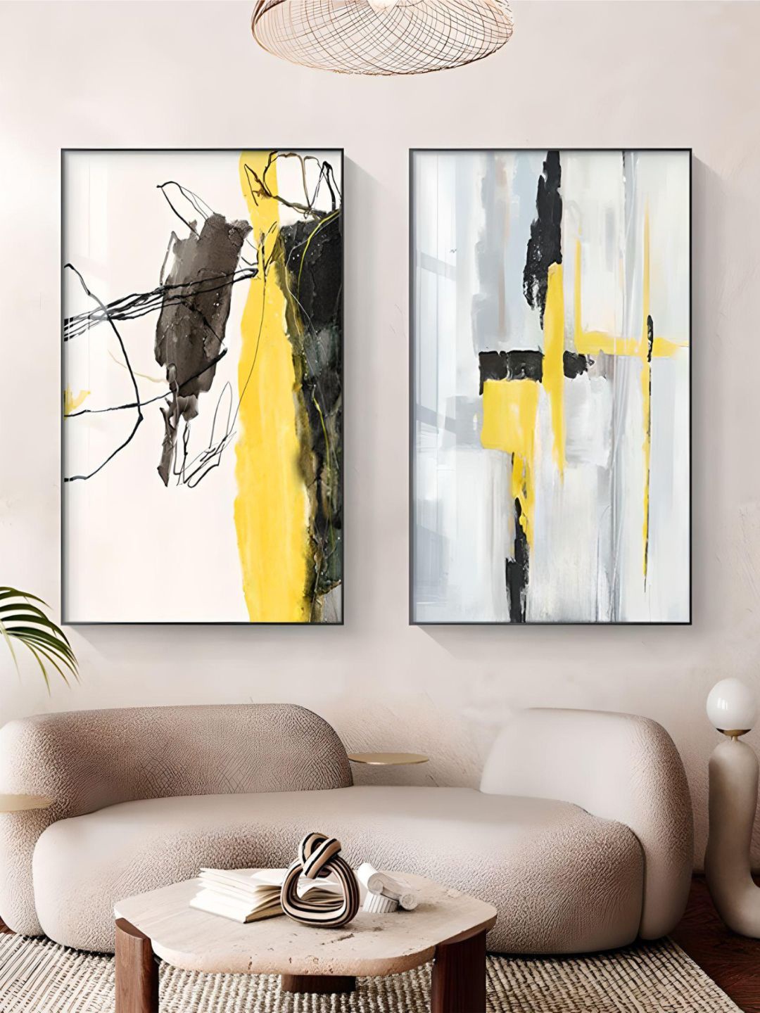 

THE HANDMADE FLAIR Crystal Porcelain Yellow 2-Pieces Abstract Painting Wall Art