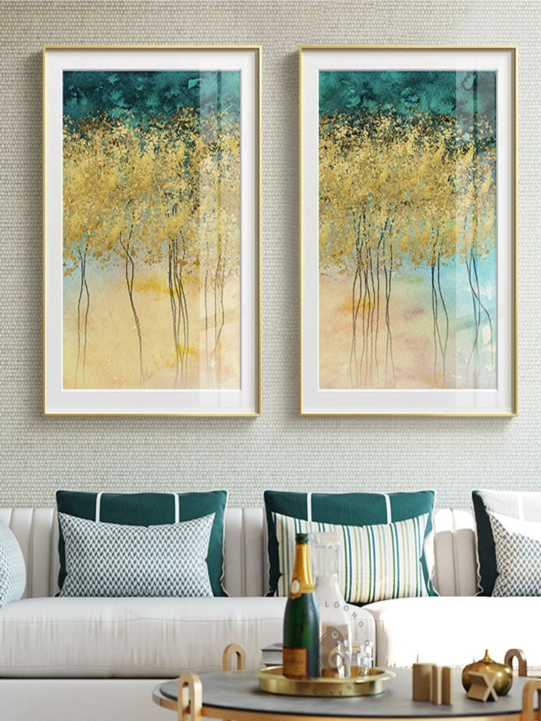 

THE HANDMADE FLAIR Crystal Porcelain Beige & Green 2 Pieces Abstract Painted Wall Arts